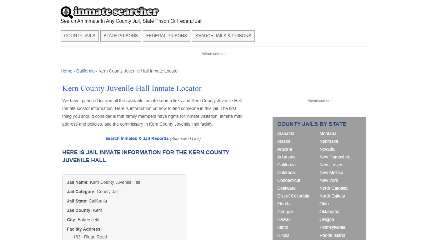 Kern County Juvenile Hall Inmate Locator - Inmate Searcher