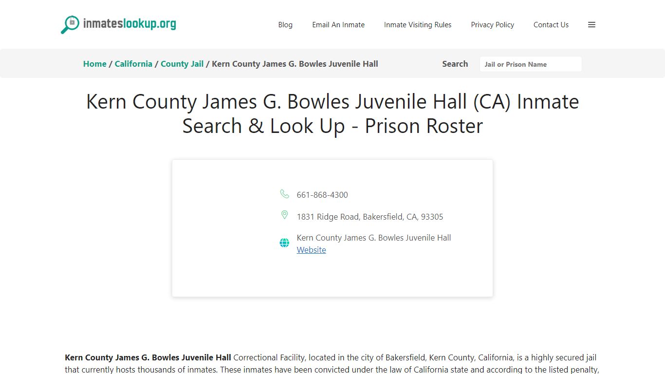 Kern County James G. Bowles Juvenile Hall (CA) Inmate Search & Look Up ...